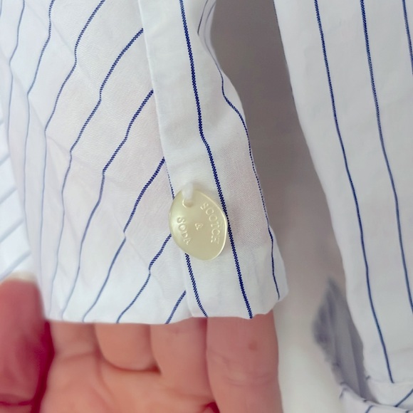 Scotch & Soda White/Blue Asymmetrical Pinstripe High-collar Rear Button Blouse - Picture 2 of 8